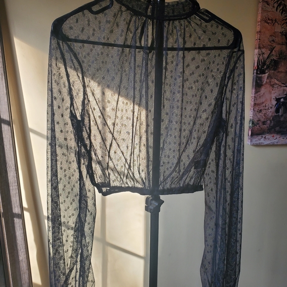 Women's Black Lace Polka Dot Turtleneck Long Sleeve Blouse - Picture 13 of 13